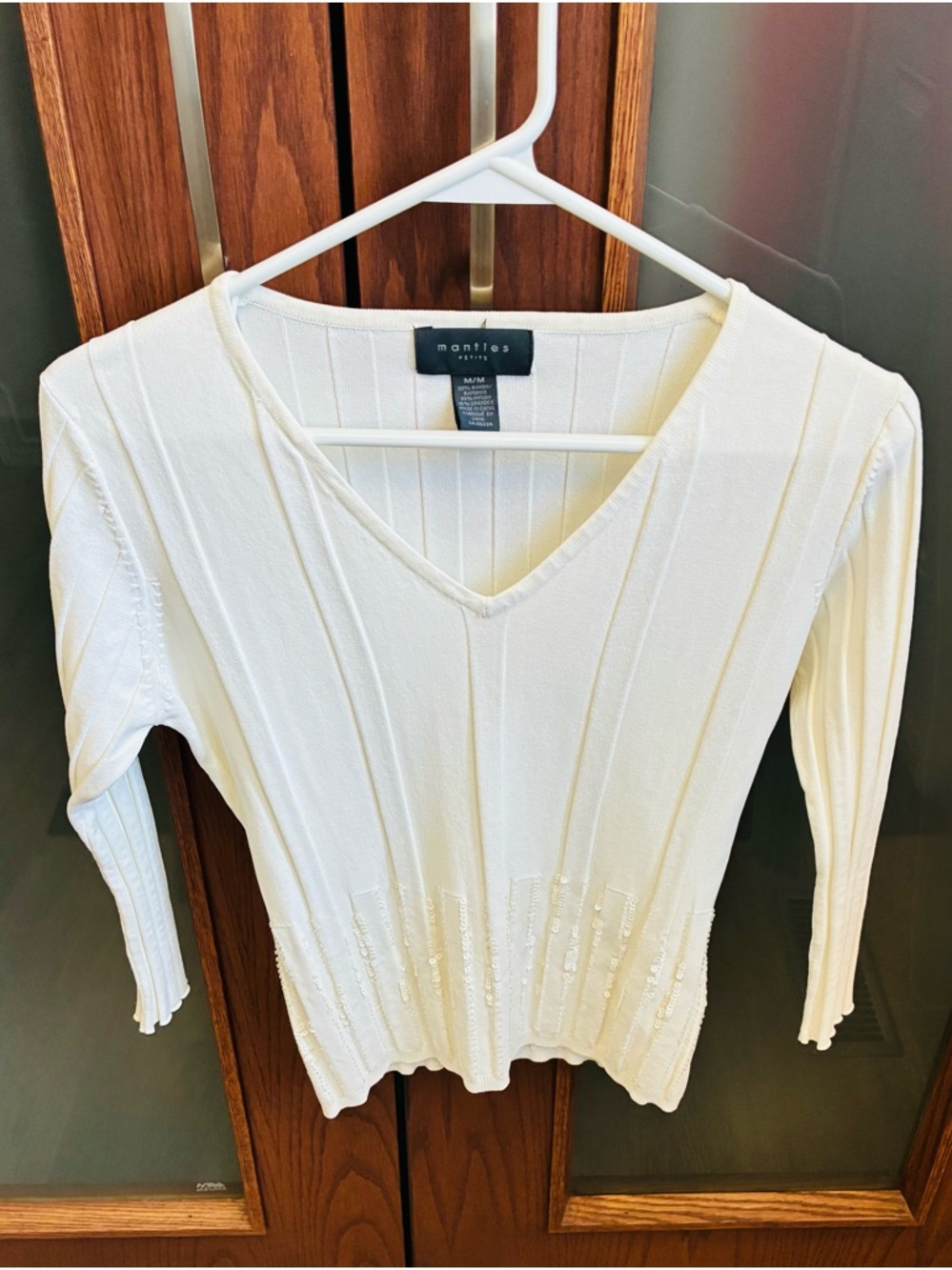 Mantles Petites Cream Ribbed V-Neck Long Sleeve Top with Sequins Embellishments